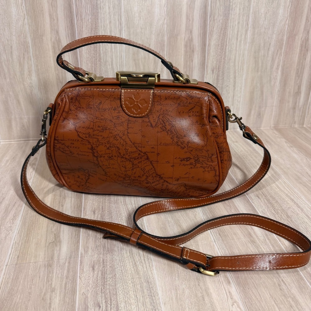 Patricia Nash Map Print Leather Frame Crossbody Bag Tan Vintage Style Satchel